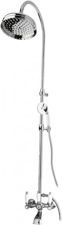 Смеситель для ванны, со стационарным верхним душем d20см., шланг, лейка, кронштейн в компл., (цв. хром, ручки белые), First ZZ