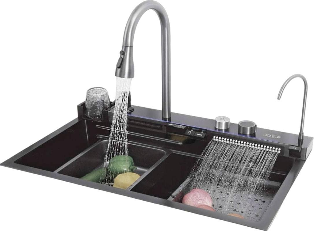 Мойка кух.многофункц.750x460xh230мм, смеситель, дозатор, кран для питьев.воды, сетка, емкость, сифон, крепеж. (нерж.сталь цв.черный), Gloria ZZ