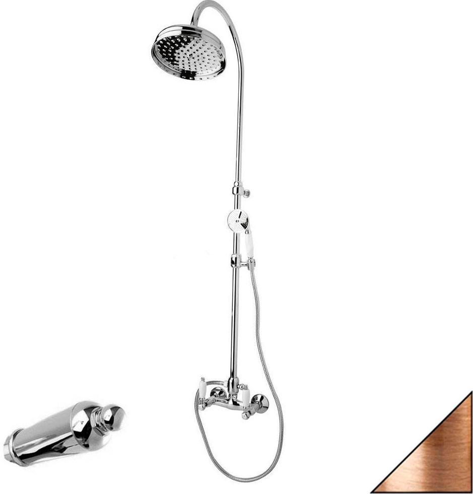 Смеситель для душа, со стационарным верхним душем d20см., шланг, лейка, кронштейн в компл., (цв. бронза, ручки металл), First ZZ