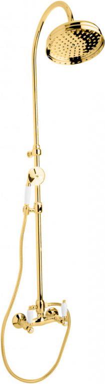 Смеситель для душа, со стационарным верхним душем d20см., шланг, лейка, кронштейн в компл., (цв. золото, ручки белые), First ZZ