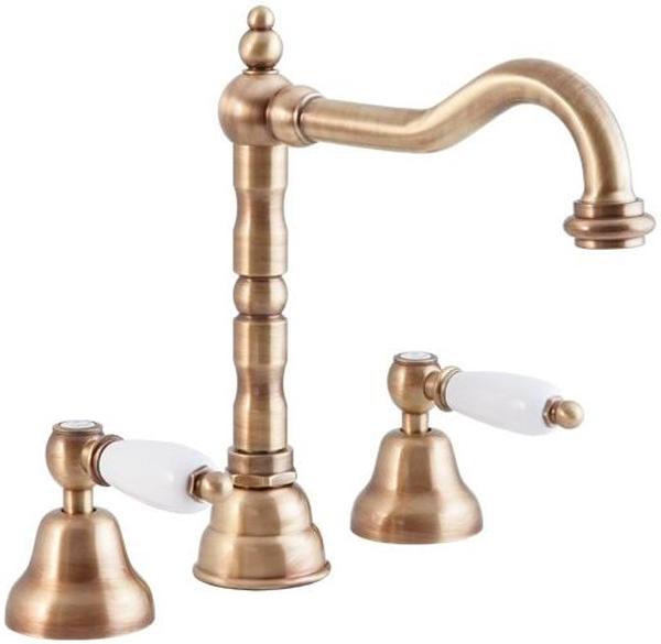 Смеситель для раковины на 3 отв., с д/к, (цв. бронза, ручки белые), First ZZ