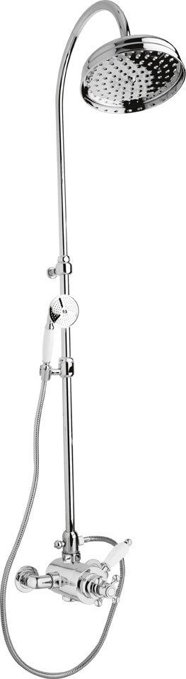 Смеситель для душа, термостат, со стац. верхн.душем d20см., душевая лейка, шланг, мыльница в компл., (цв.хром, ручка цв.белый), Elite ZZ