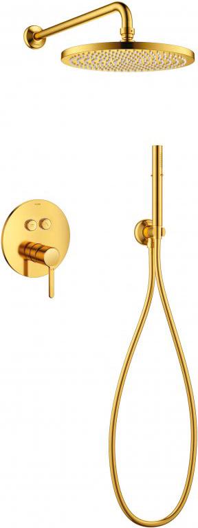 Набор для душа, встр.в стену (смеситель, верхний душ 25cм с кронштейном душевой гарнитур с шланговым подсоединением),(цв.брашированное золото), Eco ZZ