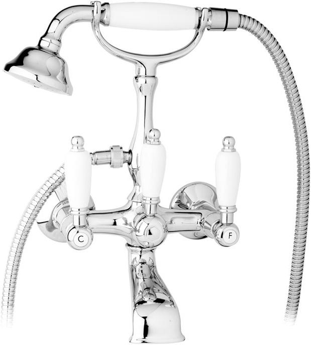 Смеситель для ванны, шланг, лейка в компл., (цв. хром, ручки белые), First ZZ