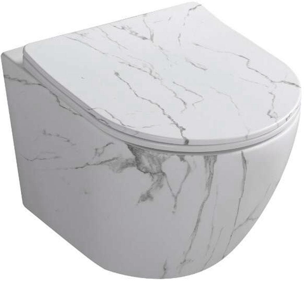 Унитаз подвесной, безободковый, смыв Tornado, 500х400х430мм, сиденье с микролифтом, крепеж в компл., (цв.белый мрамор мат), SELLA Aria Tornado MMW ZZ