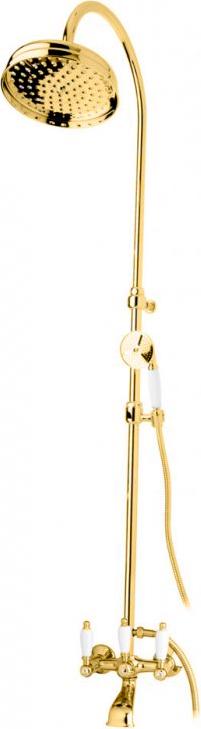 Смеситель для ванны, со стационарным верхним душем d20см., шланг, лейка, кронштейн в компл., (цв. золото, ручки белые), First ZZ