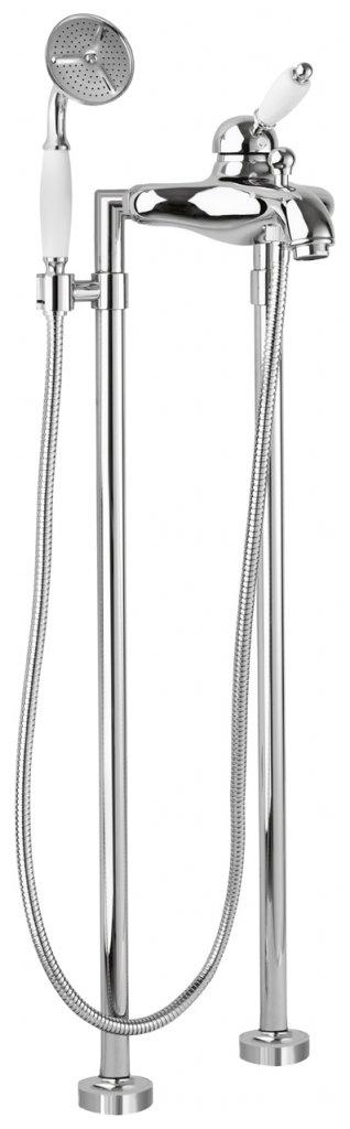 Смеситель для ванны, напольный, трубы 2шт., шланг, лейка в компл.,  (цв.хром, ручка цв.белый), Elite ZZ