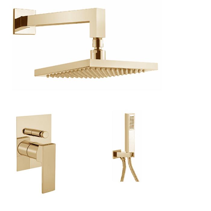 Набор для душа, встр.в стену(смеситель,верхний душ 200х200мм с кронштейном, душевой гарнитур с шланговым подсоединен.), (цв.золото матовое), Pegaso ZZ