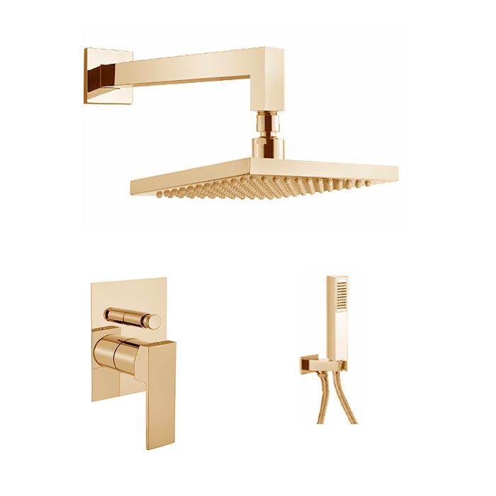 Набор для душа, встр.в стену (смеситель, верхний душ 200х200мм с кронштейном душевой гарнитур с шланговым подсоединением), (цв.золото), Pegaso ZZ