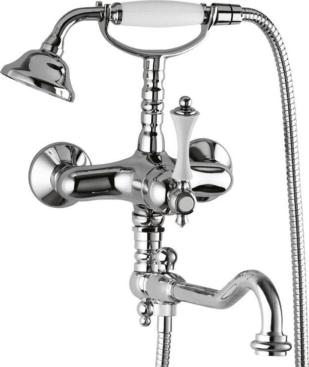 Смеситель для ванны с душевым гарнитуром (лейка, шланг) и поворотным изливом, (цв.хром, ручка цв.белый), Margot ZZ