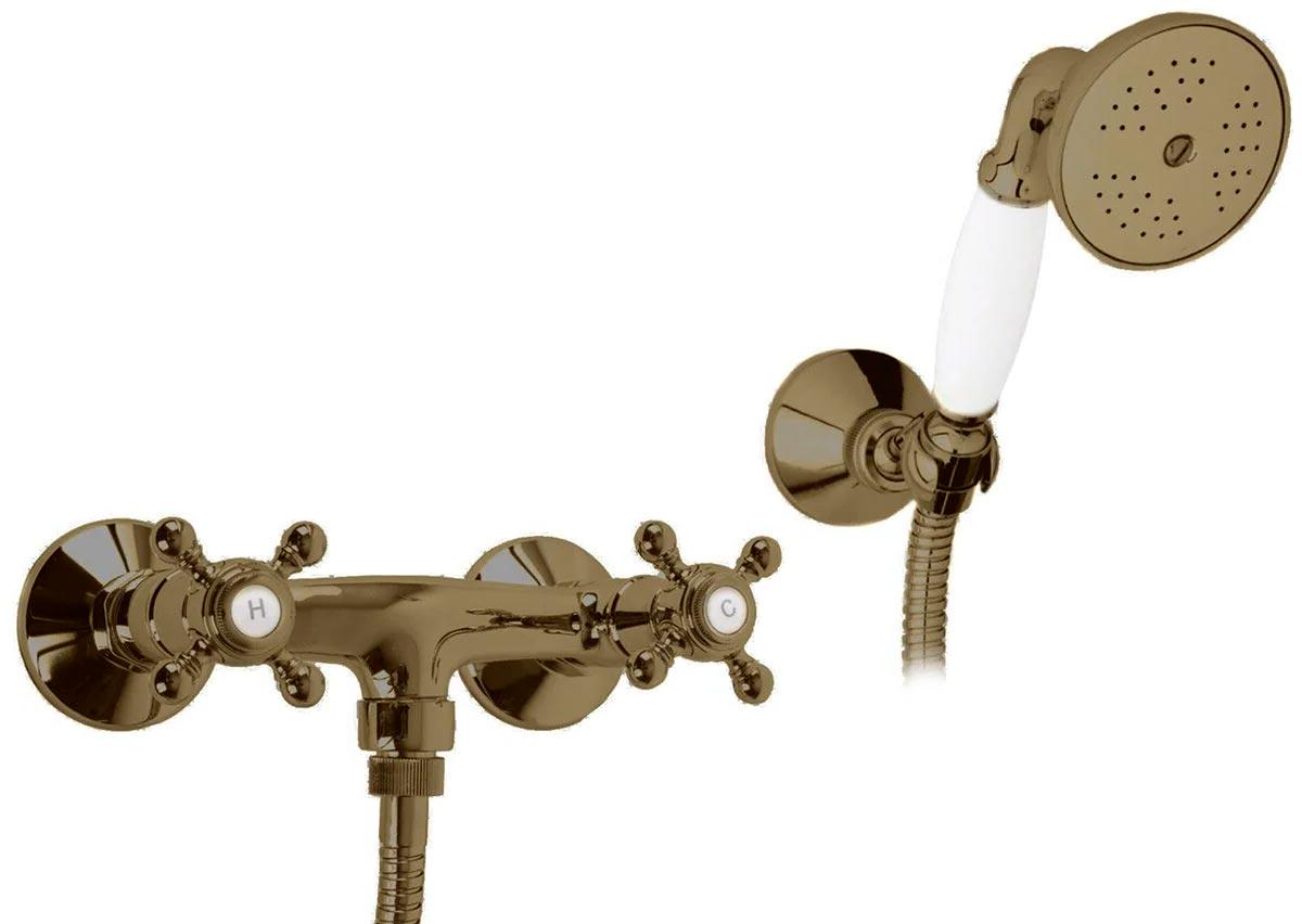 Смеситель для душа, лейка, шланг 150см, кронштейн в компл., (цв. бронза, ручки цв.белый), Golf ZZ