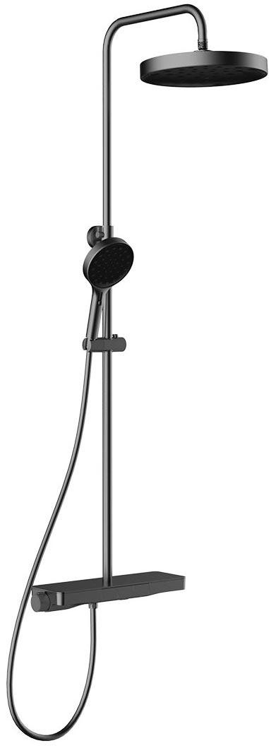 Смеситель-термостат для душа, со стационарным верхн.душем 30см., душевая лейка, шланг в компл., (цв.вороненая сталь), Inspire