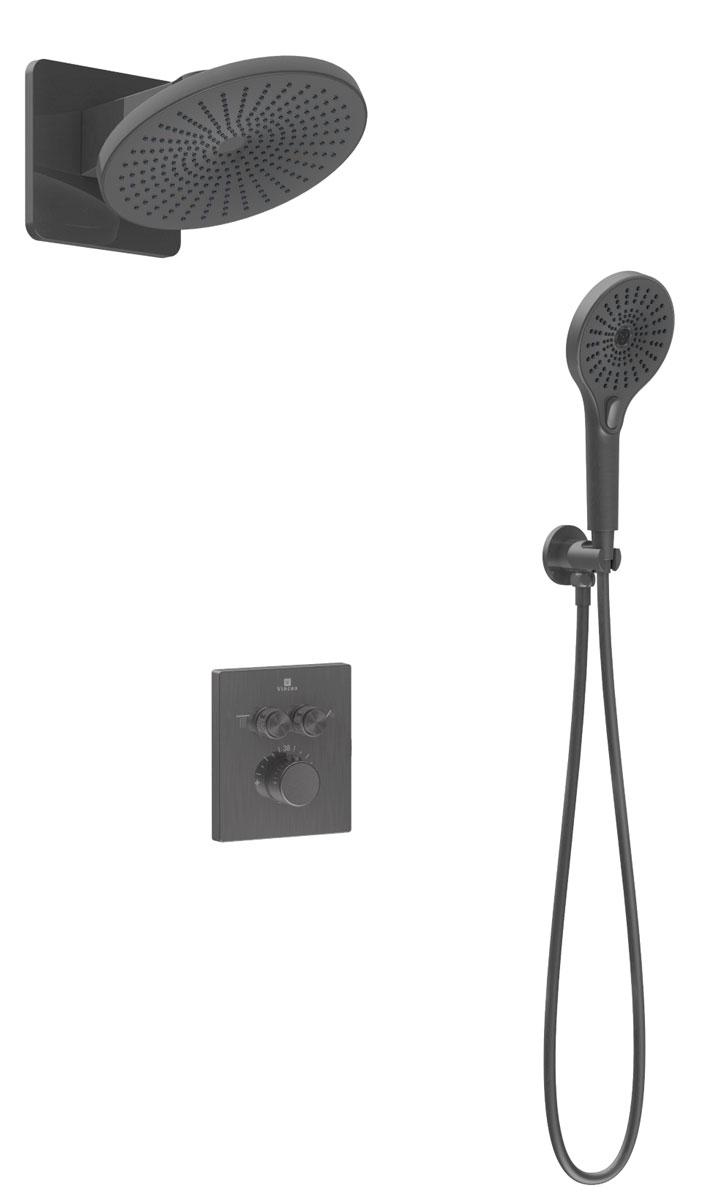 Душевой к-т: смес-термостат встр.в стену, верхний душ 250мм, ручн.душ, шланг, кронштейн совмещ. со шланг.подсоед., (цв.вороненая сталь), Inspire ZZ