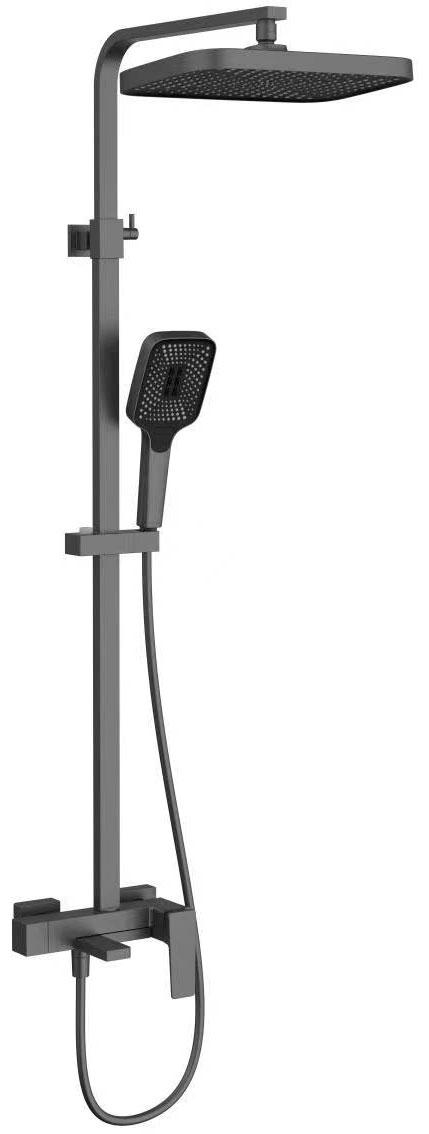 Смеситель для ванны(душа), со стационарным верхн.душем 35x21см., душевая лейка, шланг в компл., (цв.вороненая сталь), Cube ZZ