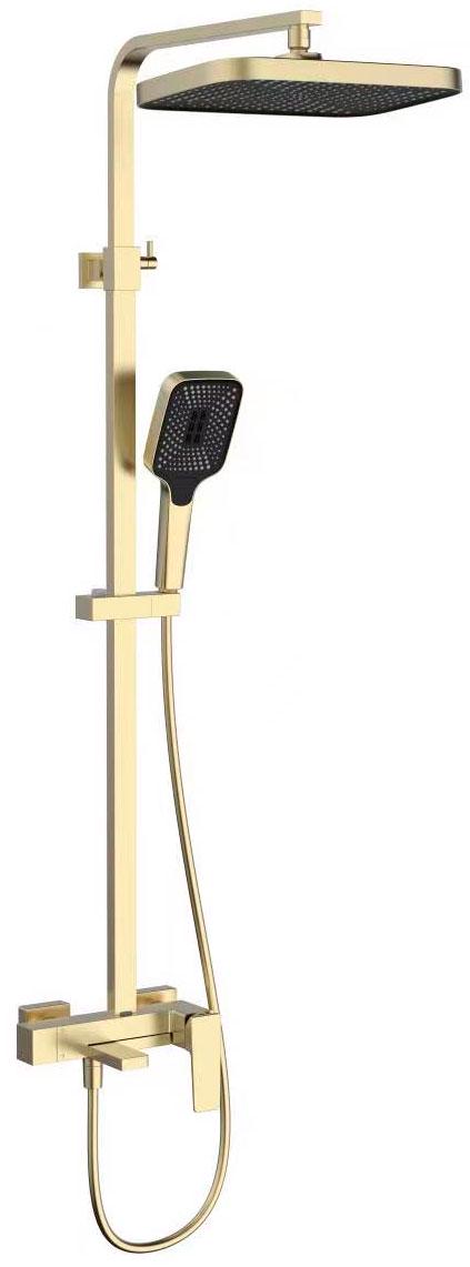 Смеситель для ванны(душа), со стационарным верхн.душем 35x21см., душевая лейка, шланг в компл., (цв.брашированное золото), Cube ZZ