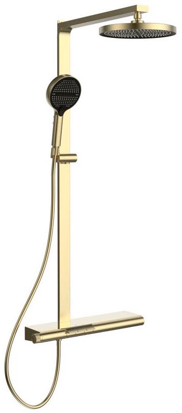 Смеситель для ванны (душа), со стационарным верхн.душем 26см., душевая лейка, шланг в компл., (цв.брашированное золото), Aspire ZZ