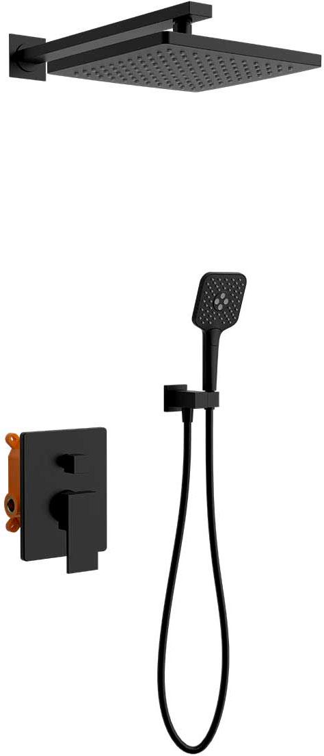 Душевой к-т: смеситель встр.в стену, верхний душ 255х255мм, ручн.душ, шланг, кронштейн совмещ. со шланг.подсоед., (цв.черный матовый), Next ZZ