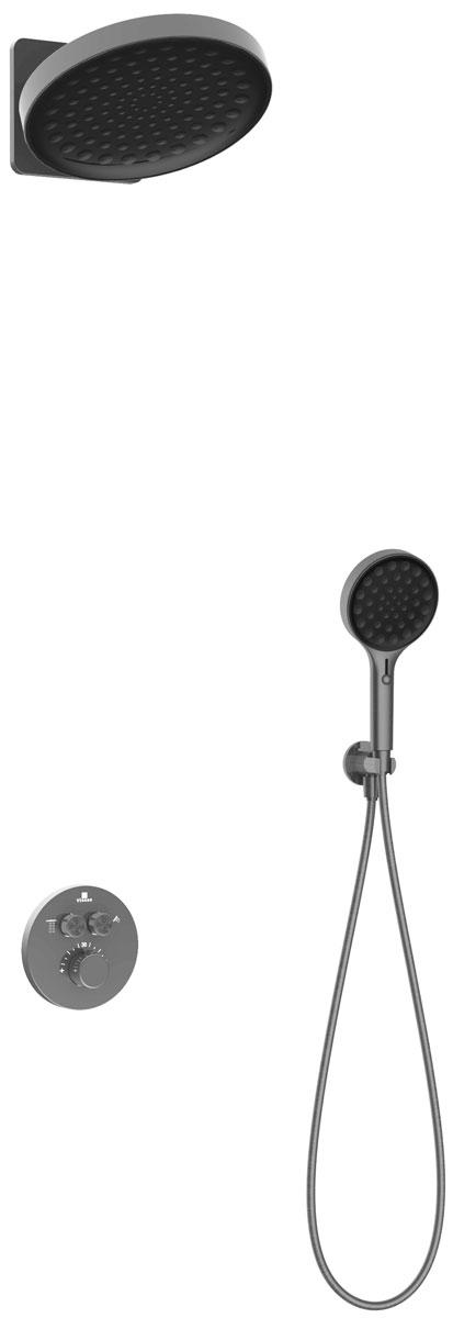 Душевой к-т: смес-термостат встр.в стену, верхний душ 300мм, ручн.душ, шланг, кронштейн совмещ. со шланг.подсоед., (цв.вороненая сталь), Inspire ZZ