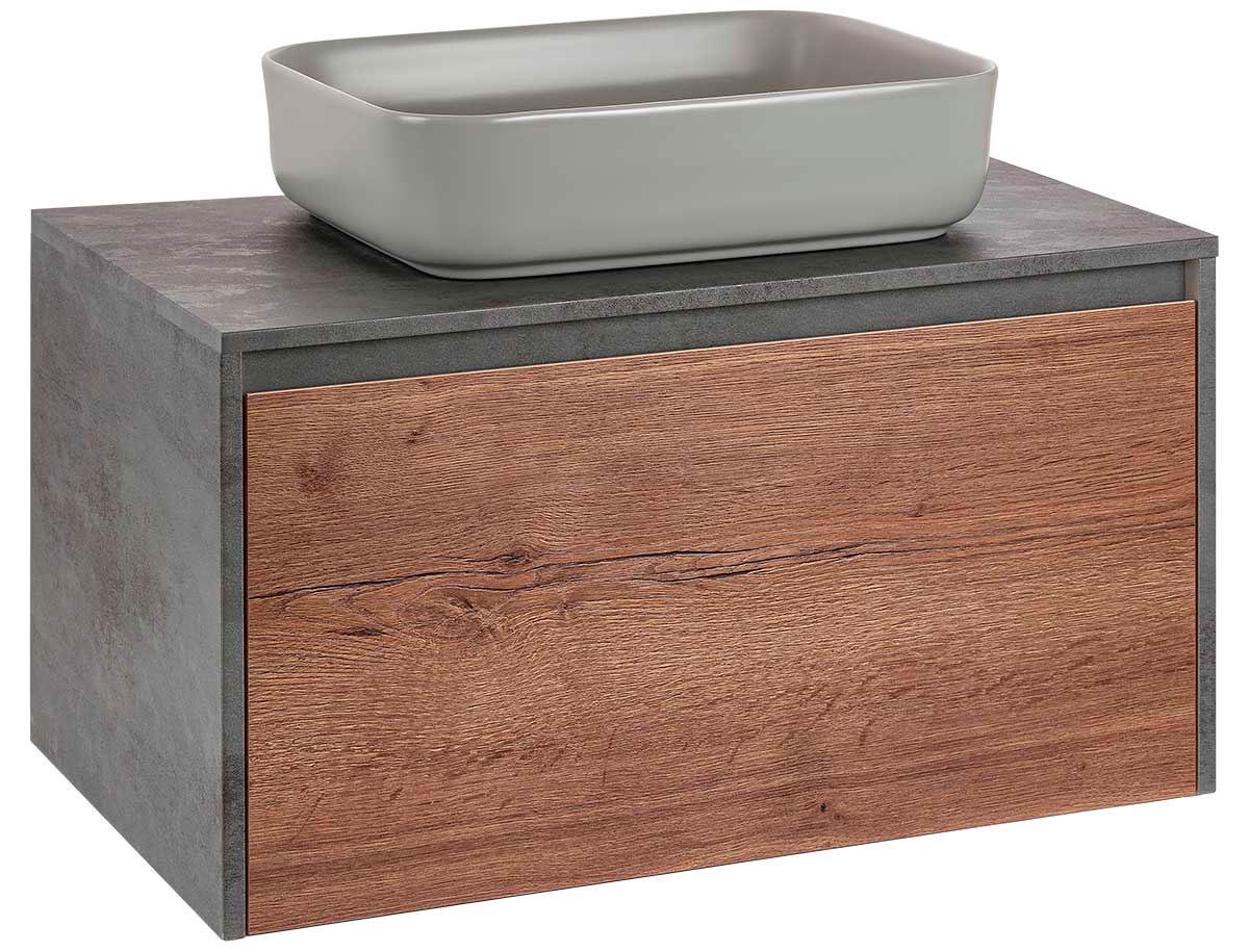База под накладн.раковину подвесная, 1 выкатной ящик, 1 скрытый ящик, 800x500xh450мм, без раковины, (цв.T.Oak + Beton), Mesa ZZ