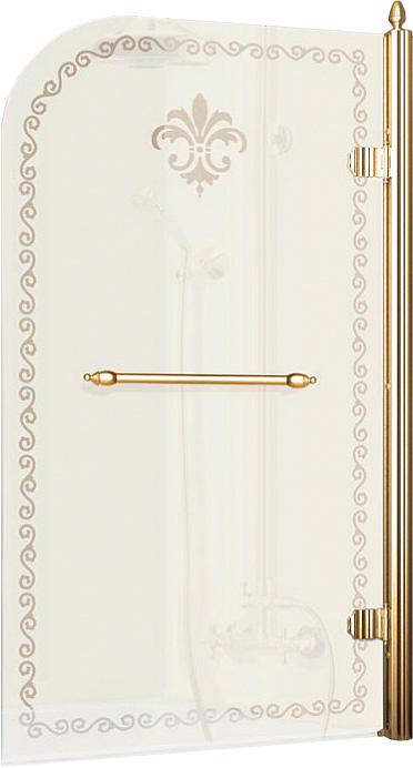 Штора на ванну 815хh1450мм, "Правая", петли справа, поворотная, с полотенцедержателем, (стекло матовое с прозр./узором, 8мм, фурн/цв.золото), Retro ZZ