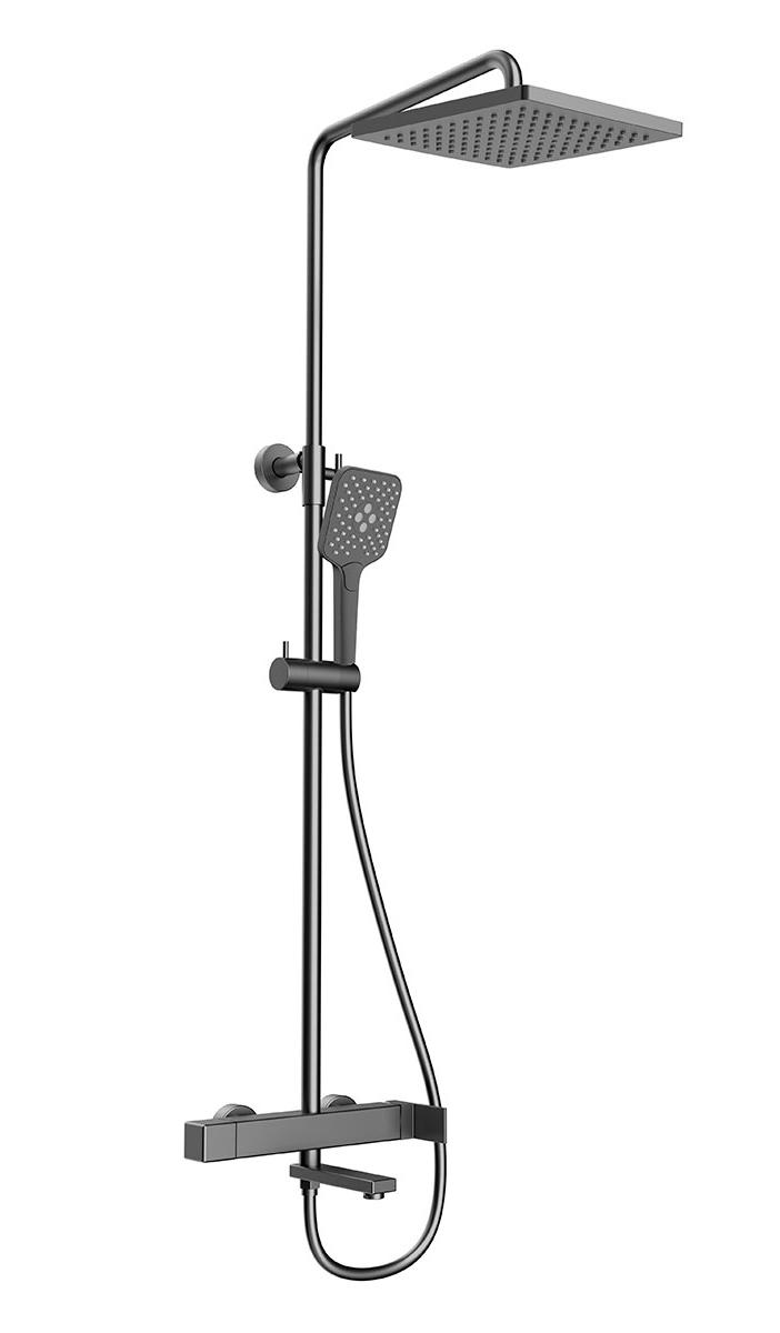 Смеситель для ванны(душа), со стационарным верхн.душем 25см., душевая лейка, шланг в компл., (цв.вороненая сталь), Cube ZZ