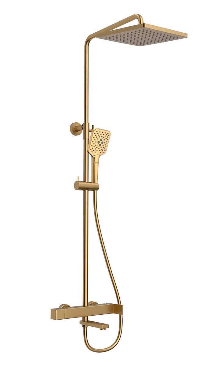 Смеситель для ванны(душа), со стационарным верхн.душем 25см., душевая лейка, шланг в компл., (цв.брашированное золото), Cube ZZ