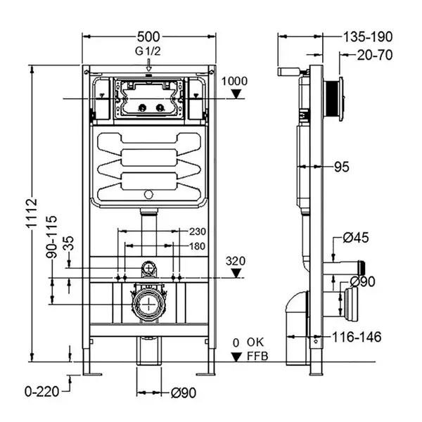 Инсталляция для подвесного унитаза, 500х135хh1120мм, со смывным бачком скрытого монтажа, фронт.управл., крепёж в компл., без клавиши смыва, Urbatec ZZ