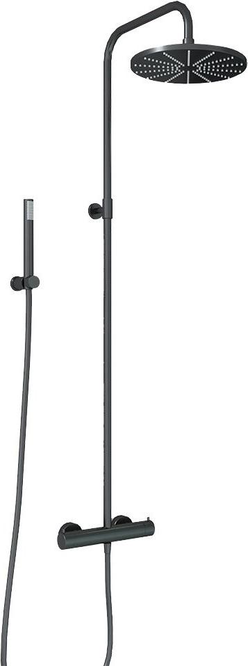 Смеситель-термостат для ванны, со стационарным верхн.душем d25см., душевая лейка, шланг в компл., (цв.черный матовый PVD), Cox ZZ