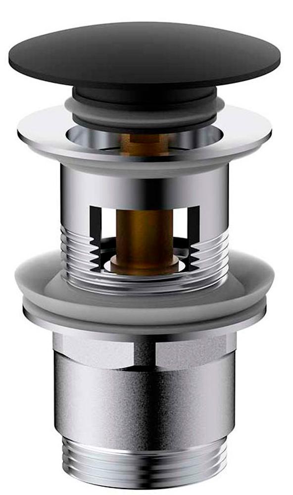 Донный клапан для сливного отверстия раковин/биде с переливом, нажимной Clic-Clac, G 1 1/4, (металл цв.черный матовый), Vincea ZZ