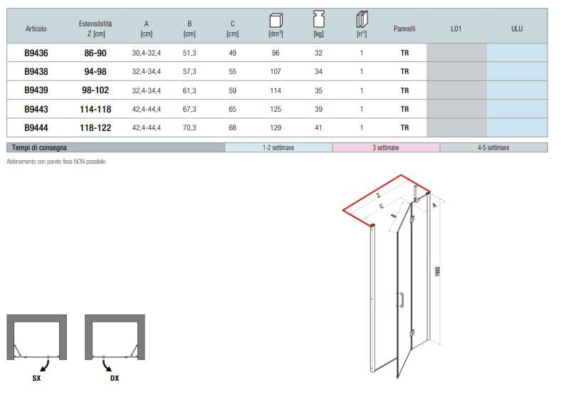 Дверь в нишу 98-102xh190см, (вход 59см) петли двери и непод.сегм справа (профиль цв. хром, стекло прозрачное StarClean), Polaris Design ZZ