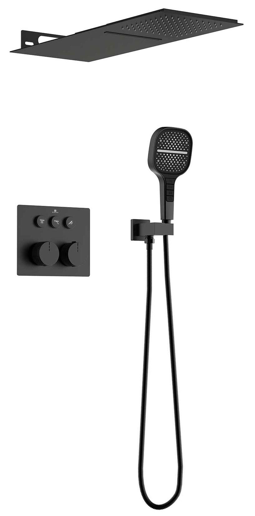 Душевой к-т: смес-термостат с перекл., встр.в стену, верхн.душ, ручн.душ, шланг, кронштейн, шланговое подсоед, (цв.черный мат)Vincea