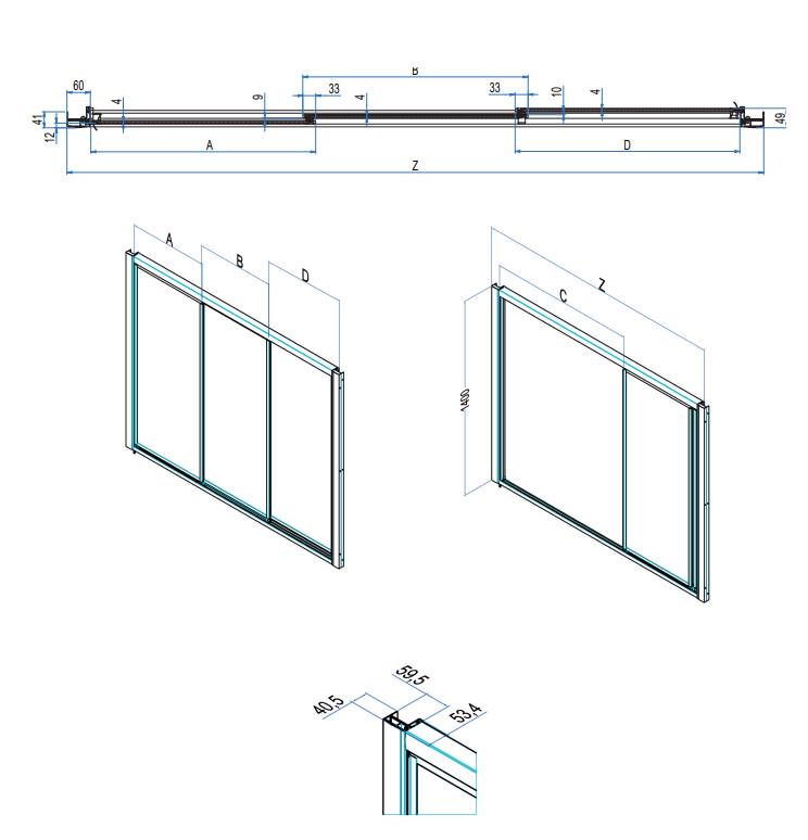 Штора на ванну сдвижн.(вправо/влево) 3-х секц., 170хh140см,(вход 89см), устан. в нишу или с бок.стенкой (проф.цв.хром, стекло 3мм прозрач) Classic ZZ