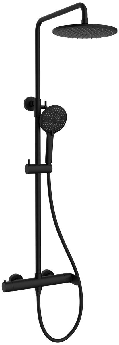 Смеситель для ванны(душа), со стационарным верхн.душем 25см., душевая лейка, шланг в компл., (цв.черный матовый), Rondo ZZ
