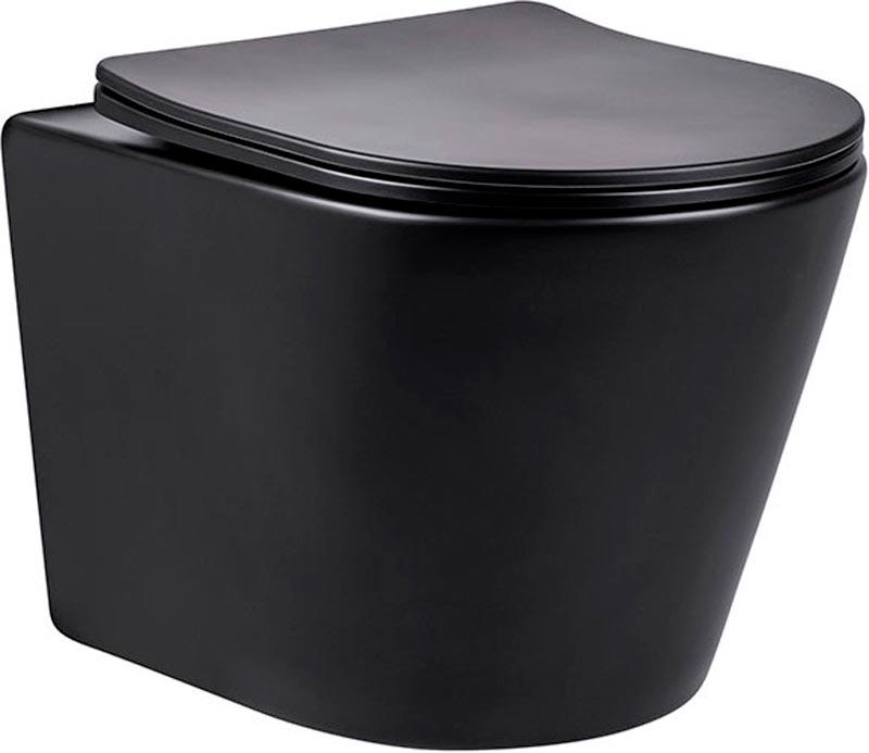 Унитаз подвесной, безободковый, 490x365x360мм, сиденье ультратонкое с микролифтом, крепеж в компл., (цв.черный матовый), Piatti ZZ