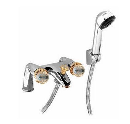 Смеситель для ванны, встраиваемый в борт на 2 отв., монтажные уголки, шланг, кронштейн, лейка д/д в компл., (цв. хром/золото), Okay Swarovski ZZ