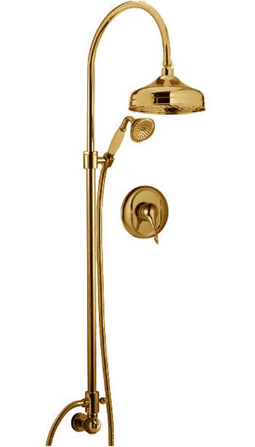 Смес. д/д, встр. в стену. с перекл., со стацион. верх и ручн/душем + шланг, (maniglia PL / рукоятка с пластик. встав бел цвета), (цв.зол)Piccadilly ZZ