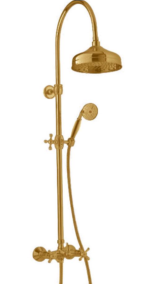 Смеситель для душа, со стационарным верхним душем d200мм, лейка ручного душа, шланг в компл., (цв.золото), Romantica ZZ