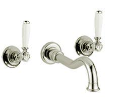 Cмеситель для раковины встр. в стену на 3 отв.,классич. излив 230мм, (цв. сатинир. никель, ручки вентили цв. белый), Princeton ZZ