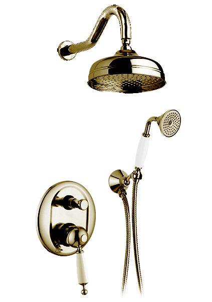Смеситель для душа, встаив. в стену с переключ., c верхн.стацион. душем 30см, лейка, шланг, кронштейн в комп., (цв. бронз, ручка белая), Canterbury ZZ