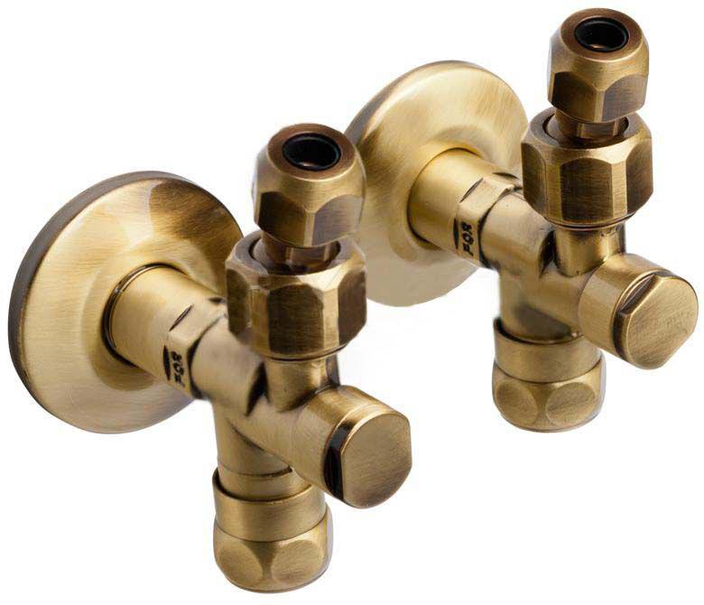 Кран-перекрыватель угловой, д/подвода воды к смесит. 2шт. (цанга, прок-дки, дек/чашка в компл.) 1/2х3/8, (цв. бронза) Nicolazzi ZZ