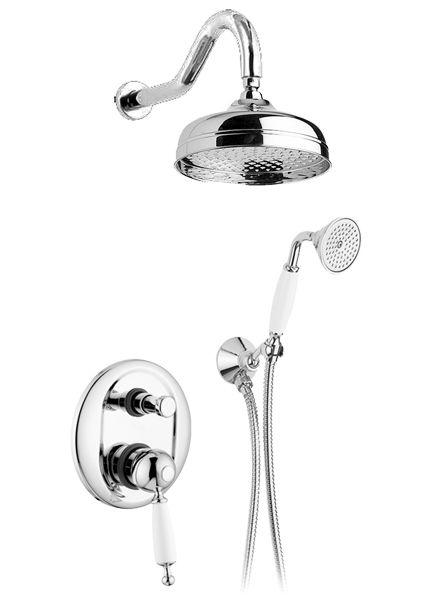 Смеситель для душа, встаив. в стену с переключ., c верхн.стацион. душем 30см, лейка, шланг, кронштейн в компл., (цв. хром, ручка белая), Canterbury ZZ