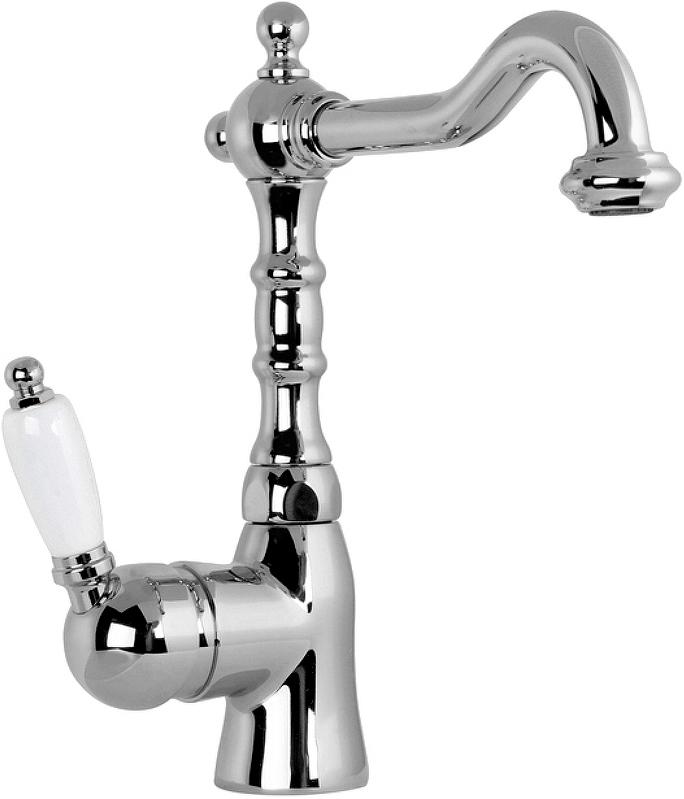 Смеситель для раковины, с д/к, поворотный излив, (цв.хром, ручка цв.белый), дизайн 2018г, Orta ZZ