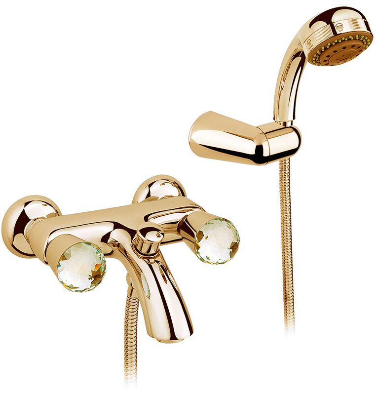 Смеситель для ванны, лейка, шланг, кронштейн в компл., (цв. Inglish gold/ручки с кристалами Swarovski), Cristallo ZZ
