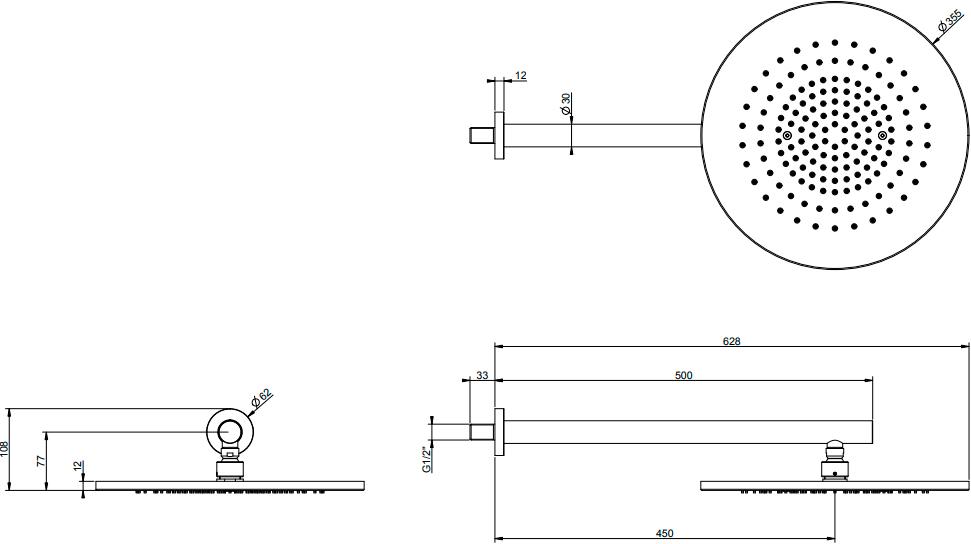Душ верхний, стационарный, круглый, 350мм, со стеновым кронштейном, G 1/2, антикальц., (цв.Brushed Brass PVD), Gessi ZZ