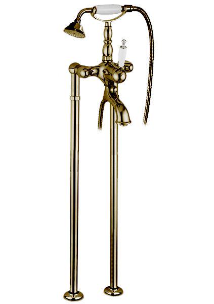 Смеситель для ванны, напольный, трубы 2шт., лейка, шланг, кронштейн в компл., (цв. бронза, ручка цв. белый), Canterbury ZZ