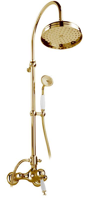 Смеситель для душа, со стационарным верхним душем 20см, лейка, шланг, кронштейн в компл., (цв. золото, ручка цв. белый), Canterbury ZZ