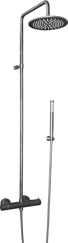Смеситель-термостат для душа, со стационарным верхним металл душем d225мм., душевая лейка, шланг в компл., (цв.черный матовый), Birillo ZZ