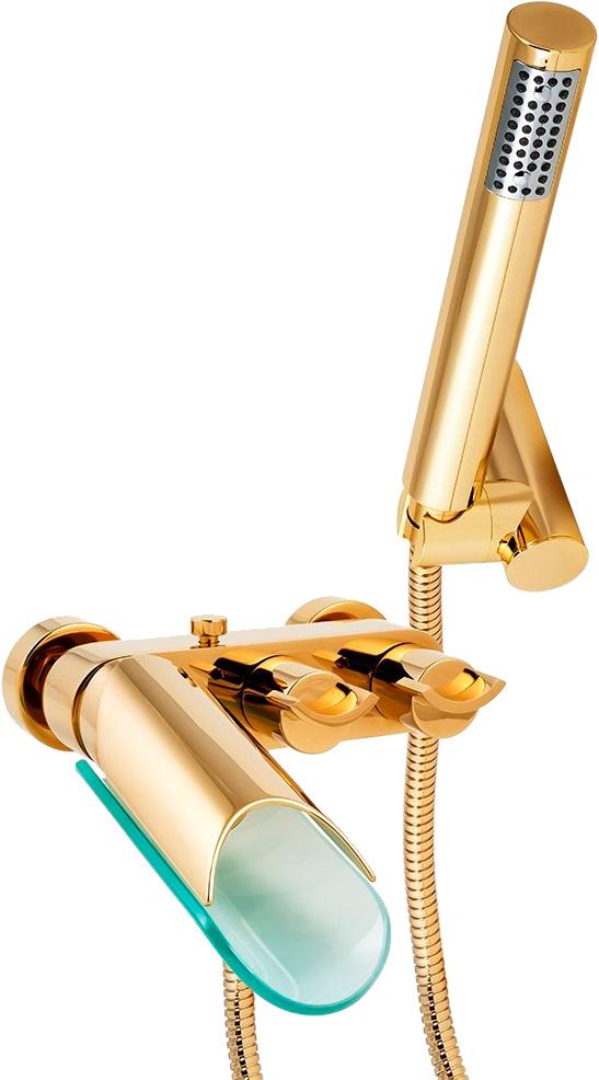 Смеситель для ванны, лейка, шланг, кронштейн в компл., (цв.золото PVD, излив стекло), Morgana ZZ