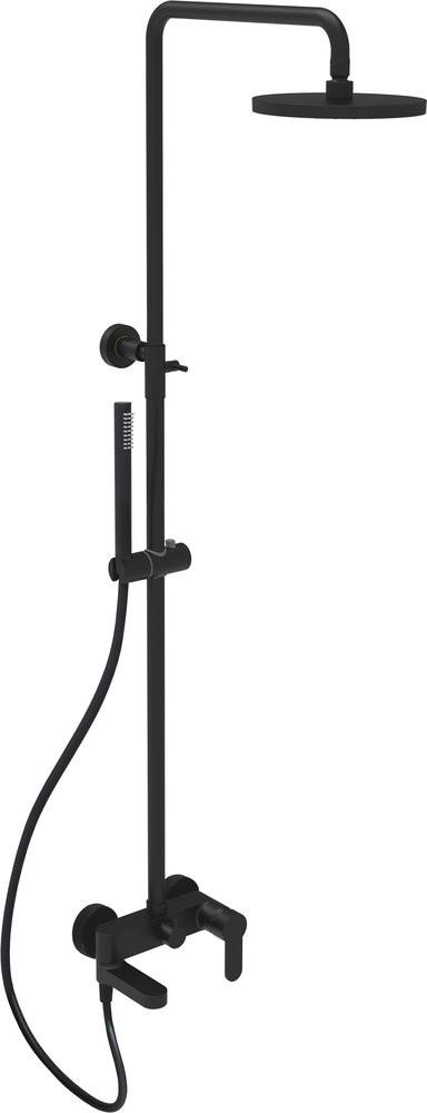 Смеситель для ванны(душа), со стационарным поворотн.верхн. пластик.душем d225мм., душевая лейка, шланг в компл., (цв.черный матовый), Blu