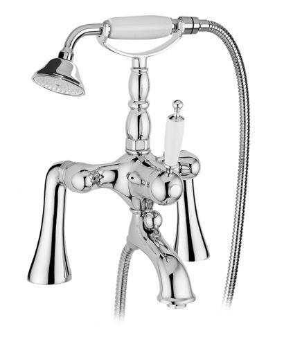 Смеситель для ванны, напольный, трубы 2шт., крепёж к сифону, лейка, шланг, кронштейн в компл., (цв. хром, ручка цв. белый), Canterbury ZZ